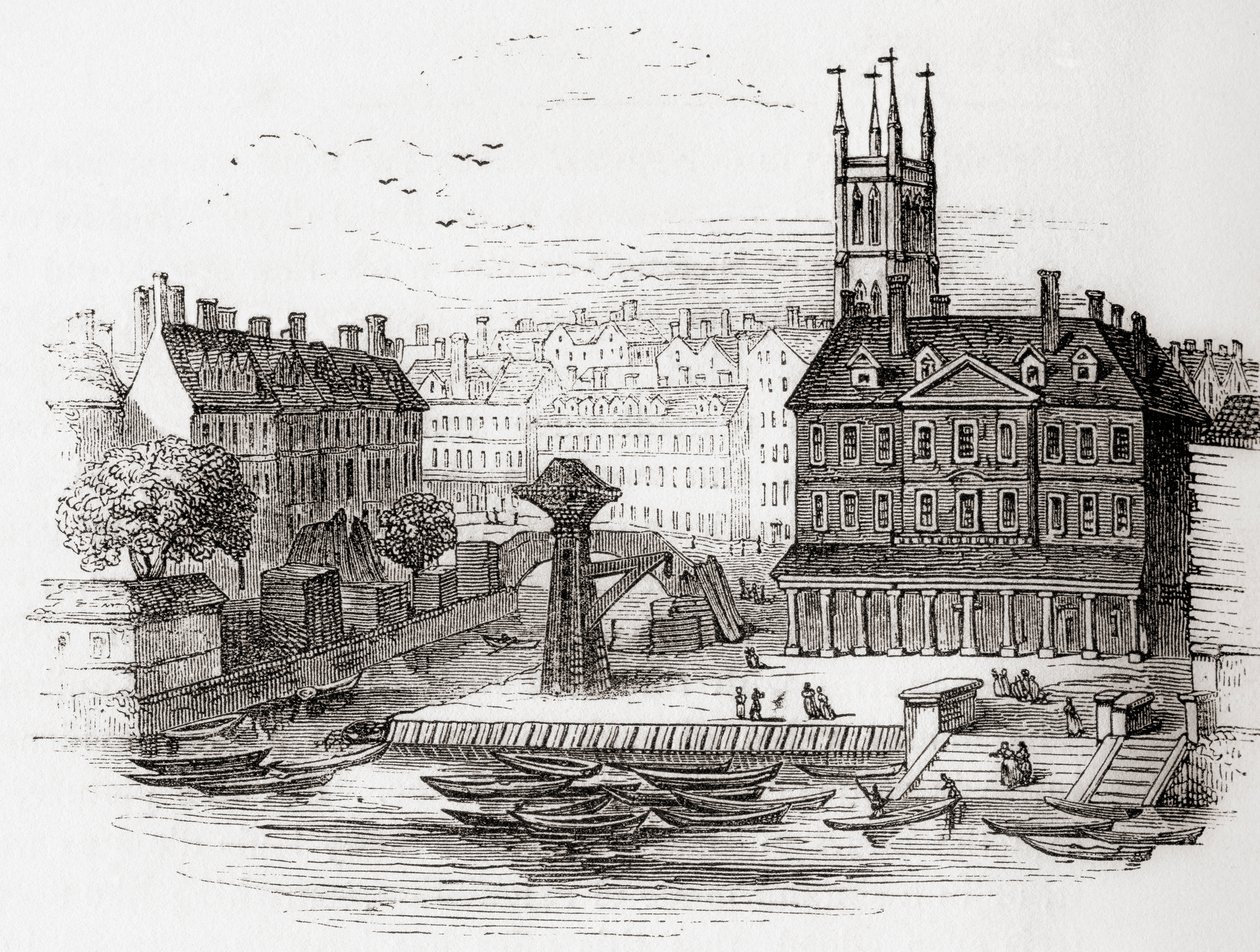 Fleet Ditch, Lontoo, Englanti vuonna 1749 paikassa, jossa se törmäsi Thamesiin Bridewellissä, Vanhasta Englannista: Kuvamuseo, pubi. 1847 tekijältä English School