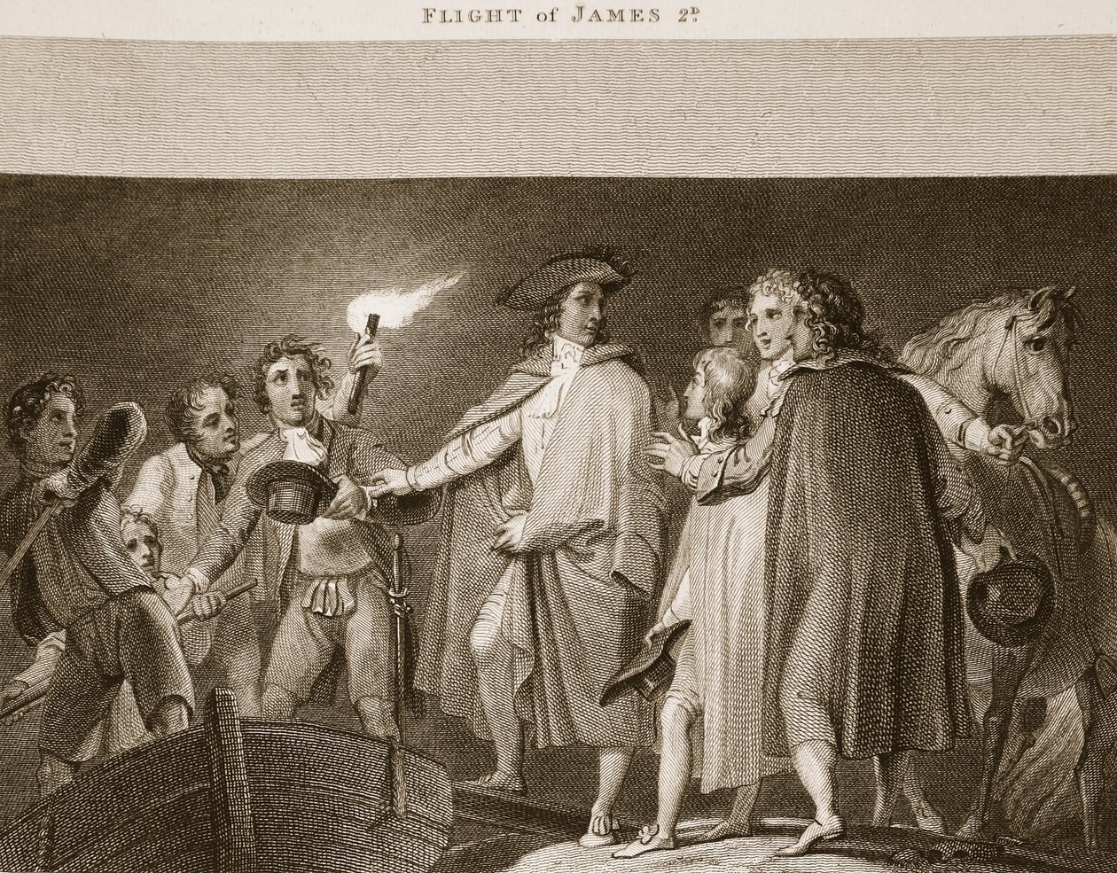 Flight of James 2nd, kuvitus David Humesta Englannin historia, pubi. R. Bowyer, Lontoo, 1812 tekijältä English School