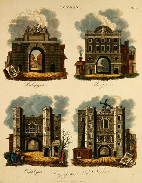 Neljä kaupungin porttia: Bishopsgate, Moorgate, Cripplegate ja Newgate, kaiverrus J. Pass, pub. kirjoittanut G. Jones tekijältä English School