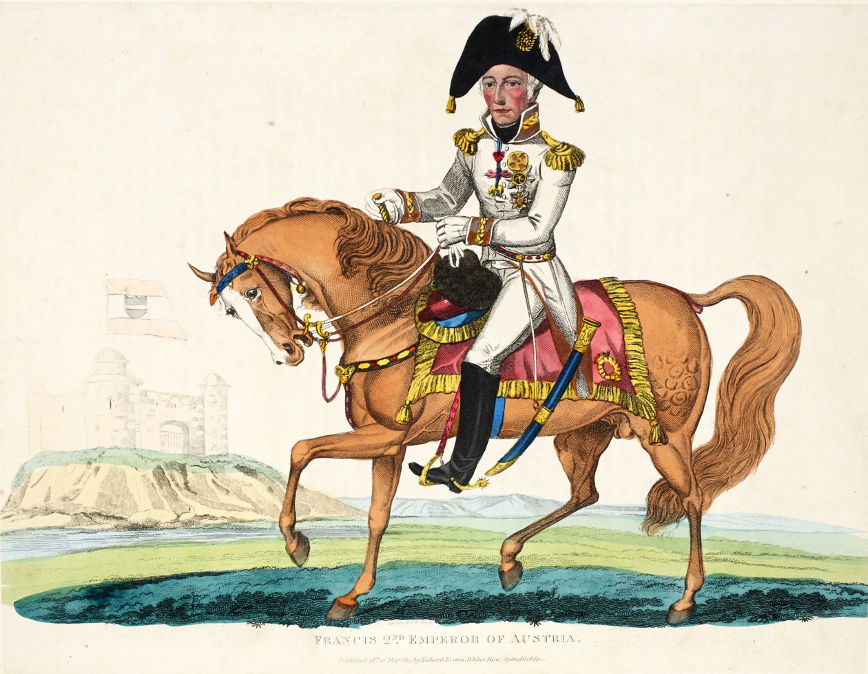 Franciscus 2nd, Itävallan keisari, pub. Richard Evans, kaivertanut Romney, kuvitus William Mudfordin historiallisesta kertomuksesta Waterloon taistelusta, 1816 tekijältä English School