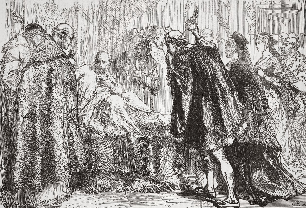 Francis I kuolinvuoteella, kuvitus James Aitken Wylien (1808-1890) teoksesta The History of Protestantism, pub. 1878 tekijältä English School