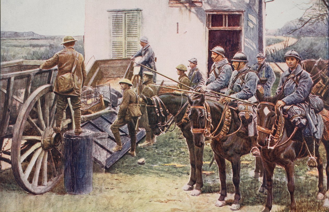 Ranskalaiset lanserit saapuvat kylän etuvartioon brittijoukkojen avuksi, 1914-19 tekijältä English School