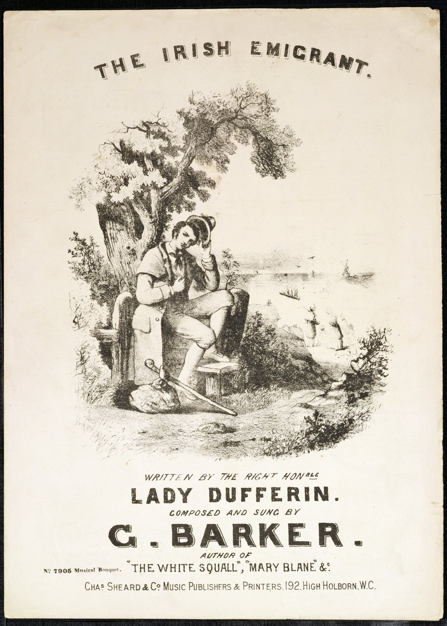 Lady Dufferinin kirjoittaman The Irish Immigrant -musiikkikappaleen etukansi, säveltäjä G. Barker tekijältä English School