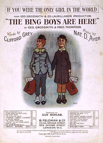 Geo Grossmithin ja Fred Thompsonin "The Bing Boys are Here" -musiikkikappaleen etukansi, sanat Clifford Grey, musiikki Nat D. Ayer (väri litho) tekijältä English School