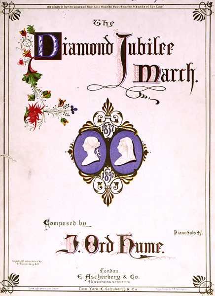 J. Ord Humen säveltämän "The Diamond Jubilee March" -musiikkipartituurin etukansi. tekijältä English School