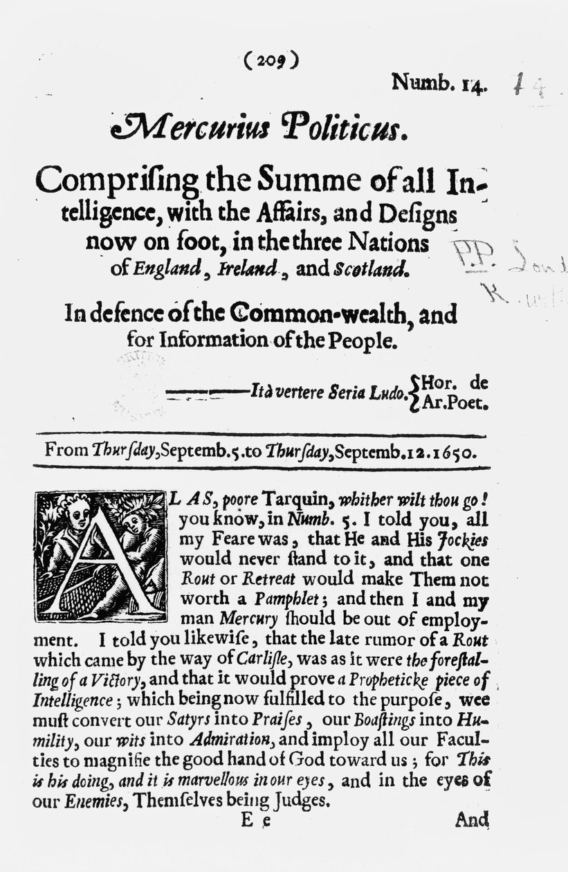Etusivu, Mercurius Politicus, Kansainyhteisön puolustamiseksi ja kansan tiedoksi, 1650 tekijältä English School