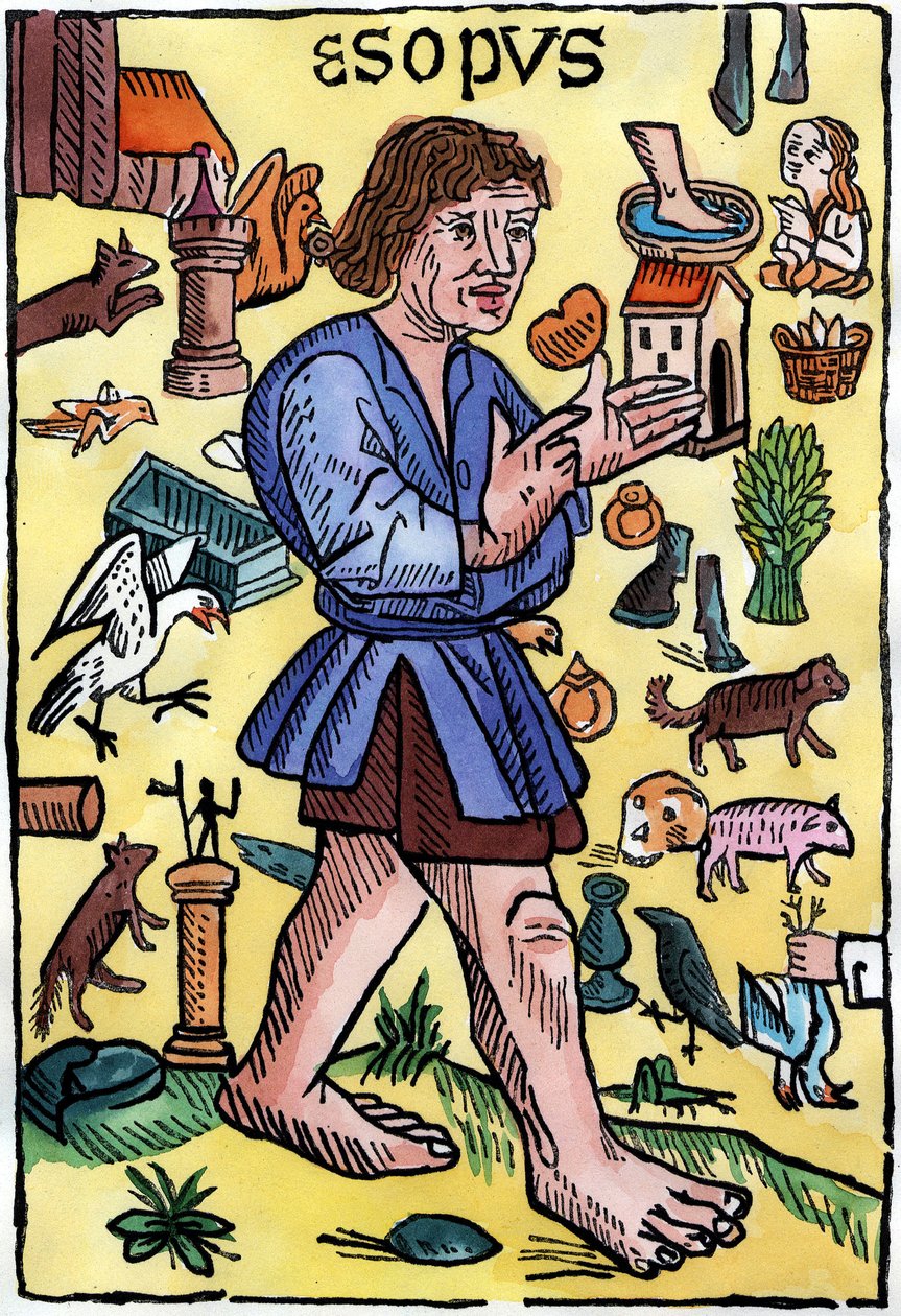 Aesopoksen ""Fables"" etukappale, William Caxtonin (1422? - 1491) Englannissa painamat painokset. tekijältä English School