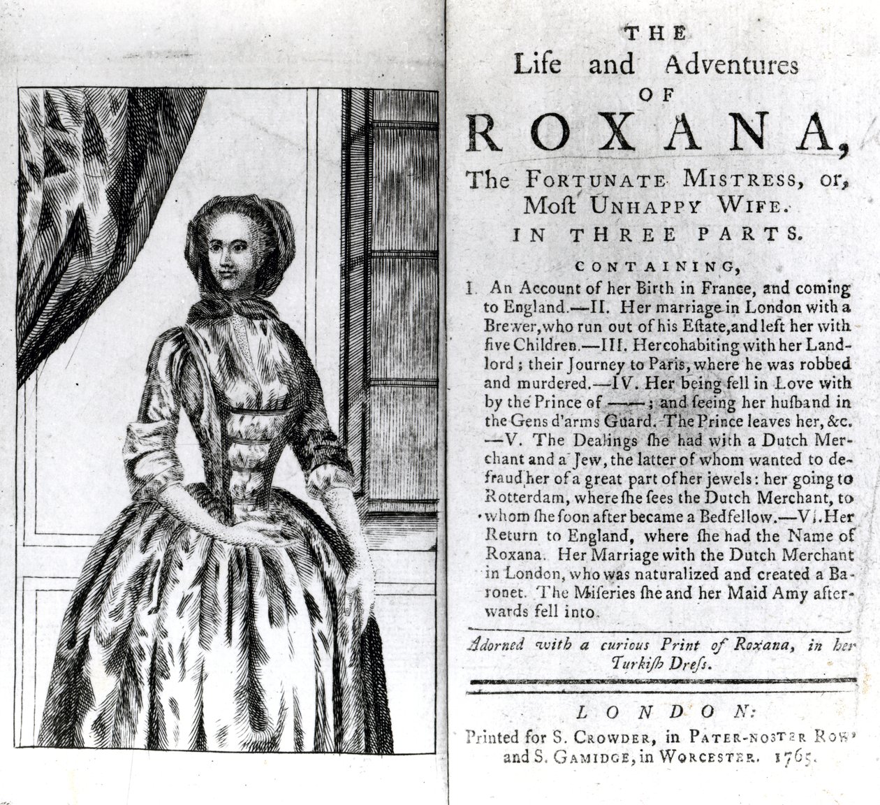 Etukappale ja nimisivu Daniel Defoen Roxanan elämä ja seikkailut, julkaistu 1765 tekijältä English School