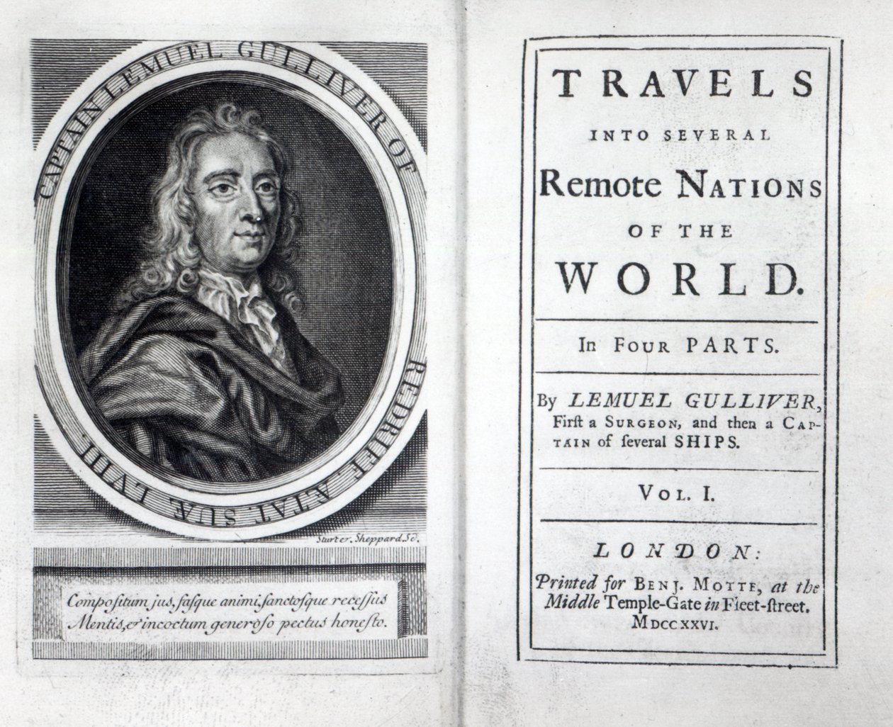 Jonathan Swiftin Gullivers Travelsin etukappale ja otsikkosivu, 1726 tekijältä English School