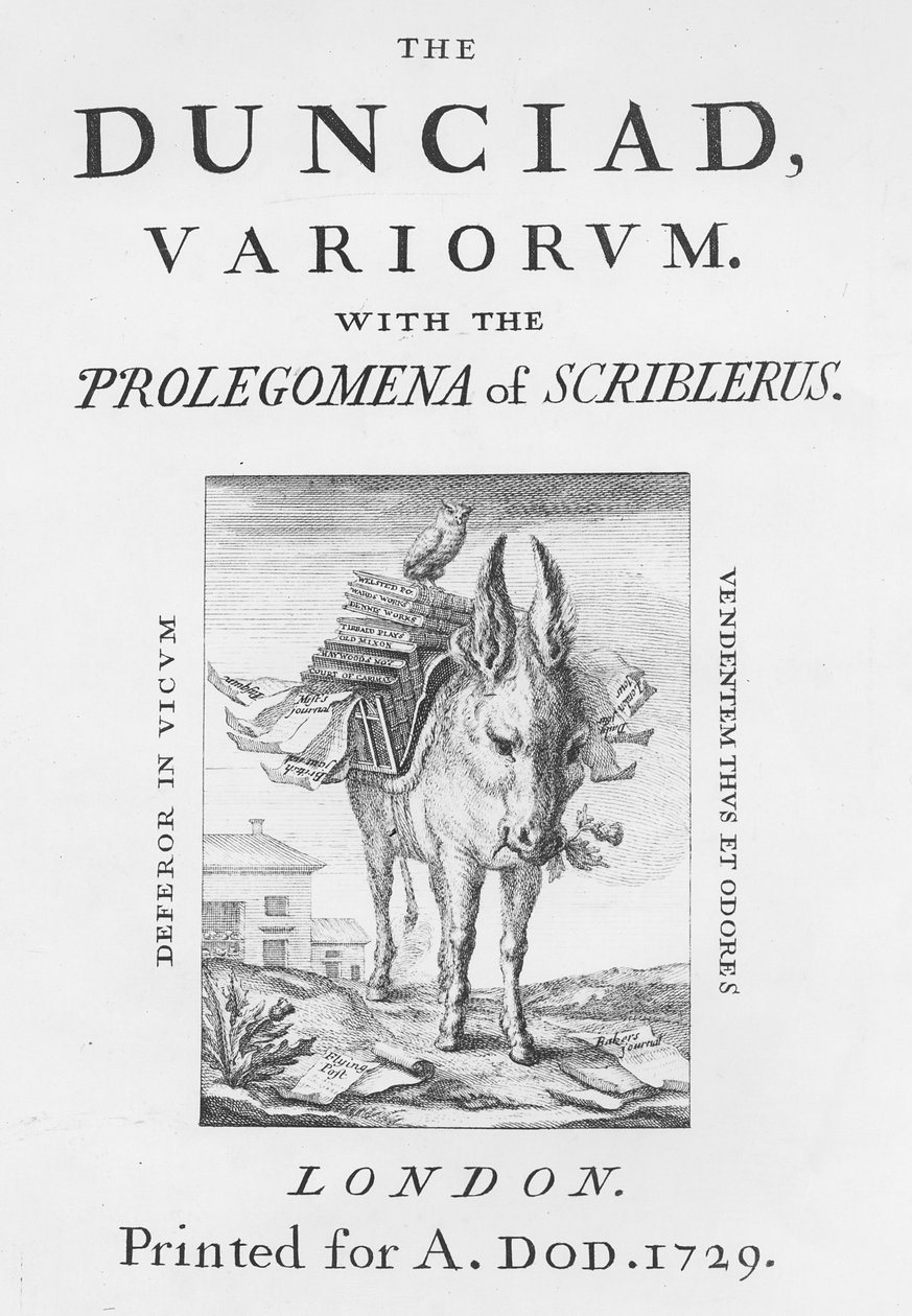 Etupuoli ja nimilehti Alexander Popen Dunciad Variorumille, 1729 tekijältä English School