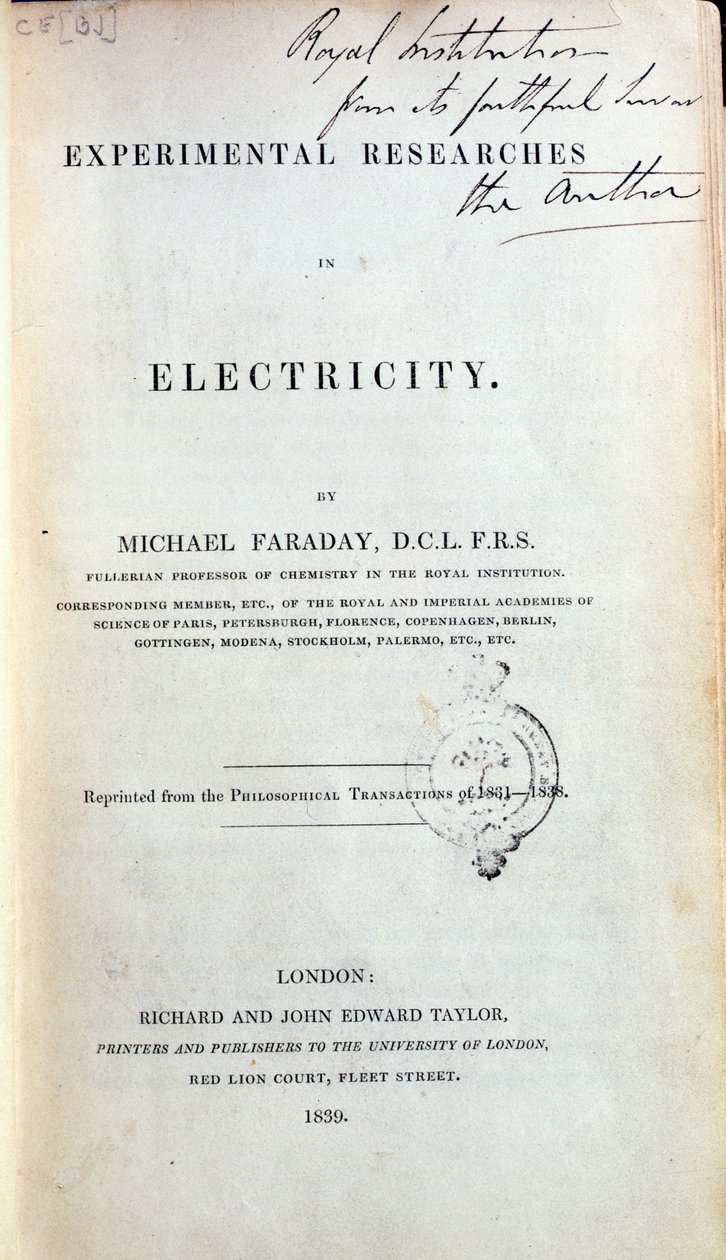 Michael Faradayn (1791-1867) sähköalan kokeellisten tutkimusten etukappale, julkaistu 1839 tekijältä English School