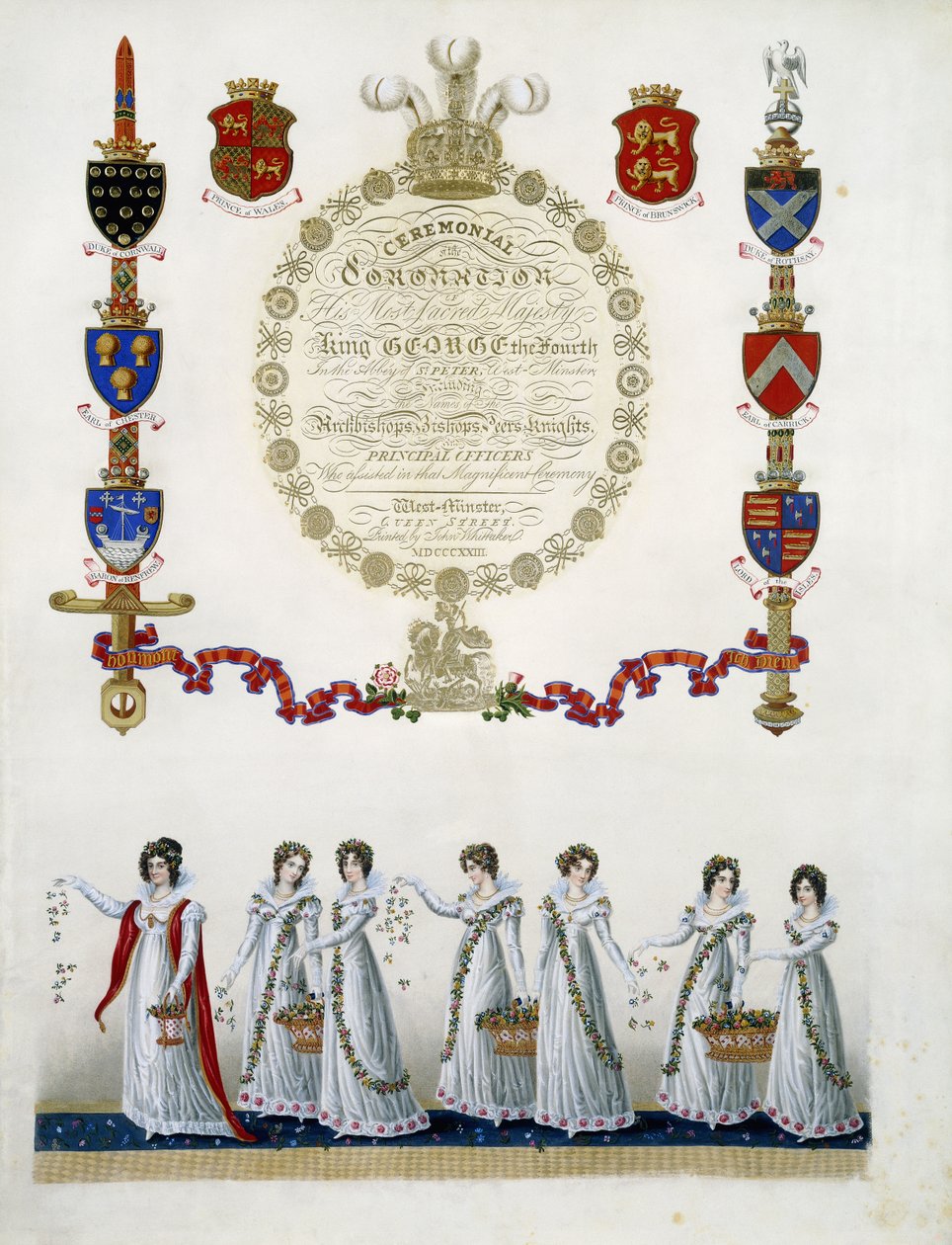 Etukappale, John Whittakerin "Hänen kaikkein pyhimmän majesteettinsa kuningas George neljännen kruunajaisten seremonialista", 1823 tekijältä English School