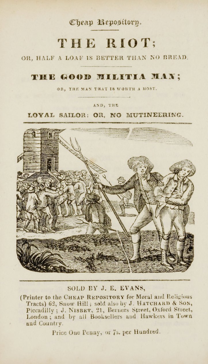 Etukappale teoksista "Mellakka eli "Puolikas leipä on parempi kuin ei leipää; hyvä miliisi, tai, mies, joka on isännän arvoinen; ja, uskollinen merimies tai ei kapinaa", n. 1839-44 tekijältä English School