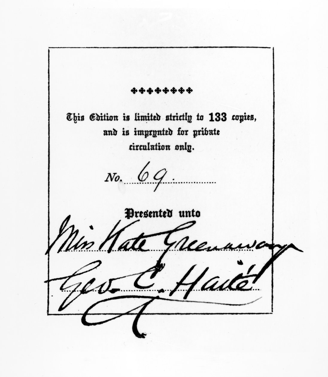 Etukappale George C. Haiten Kate Greenawaylle omistettu Sette of Odd Volumes -julkaisusta, n. 1880-1900 (kynä ja muste ja kohopaino paperille) tekijältä English School