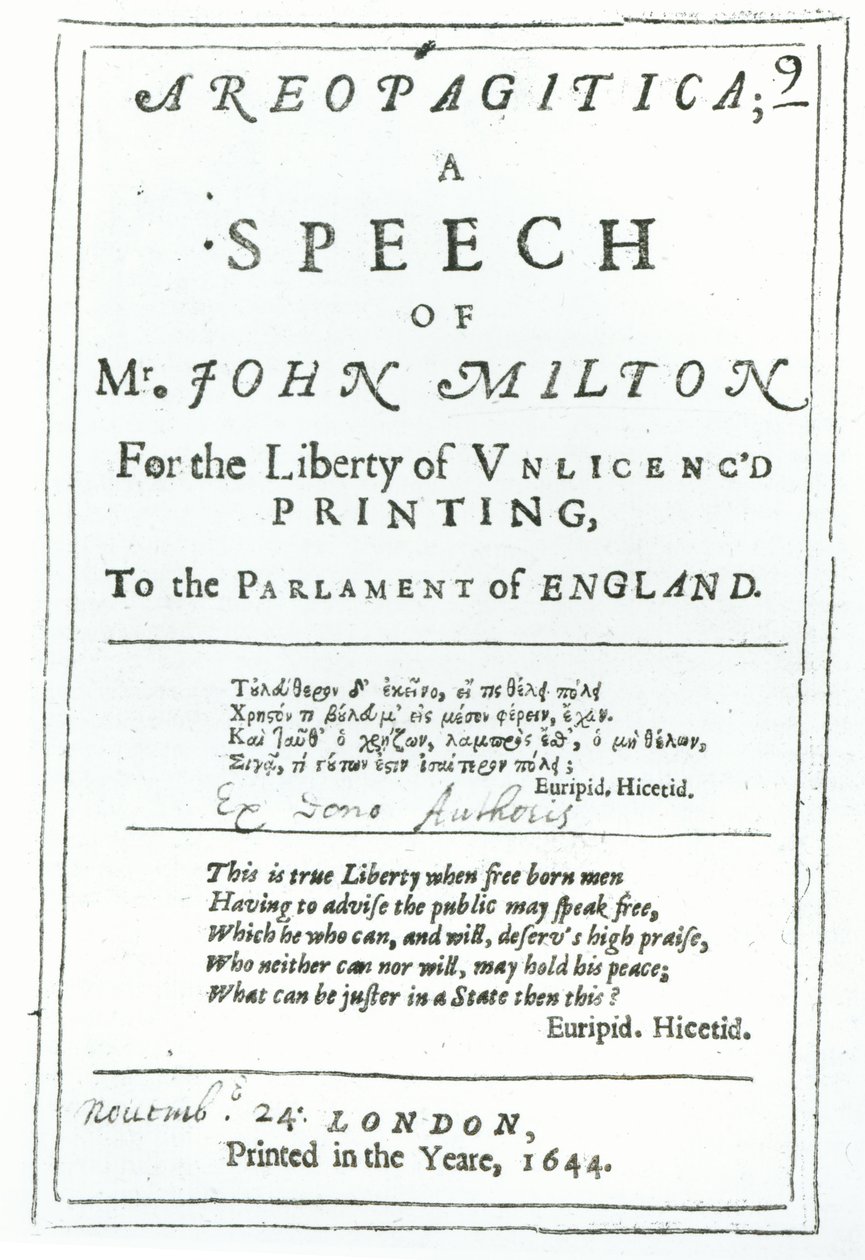 Areopagitican etukappale, John Miltonin (1608-74) pubin puhe. vuonna 1644 tekijältä English School
