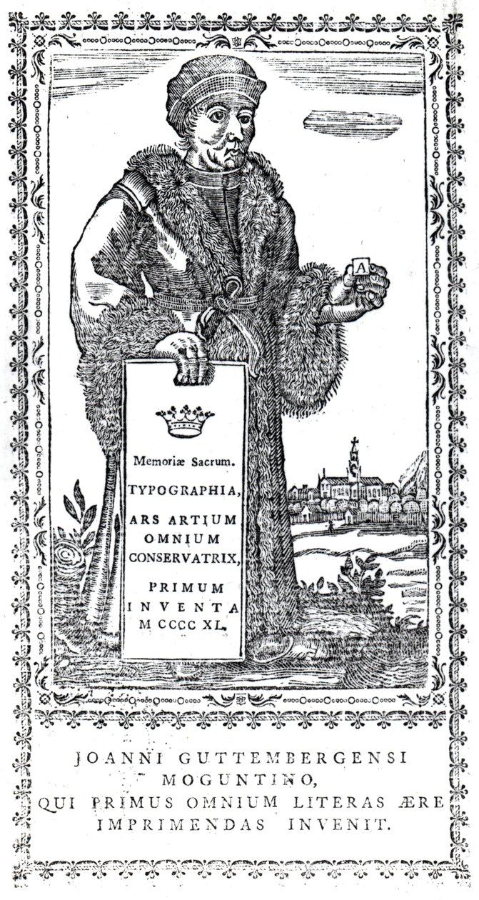 Johannes Gutenbergin etulevy Philip Luckomben kirjapainon alkuperän ja edistymisen tiivistä historiasta, julkaistu 1770 tekijältä English School