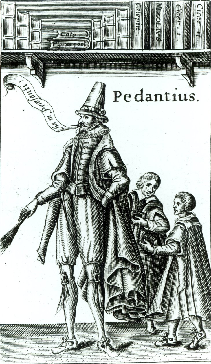 Edward Forsettin Cambridgessa vuonna 1581 valmistetun komedian "Pedantius" etuosa (puupiirros) tekijältä English School