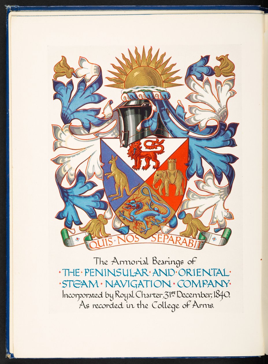 Kuninkaallisen peruskirjan 31. joulukuuta 1840 rekisteröimän niemimaan ja itämaisen höyrynavigointiyhtiön Armorial Bearingsin etukappale tekijältä English School