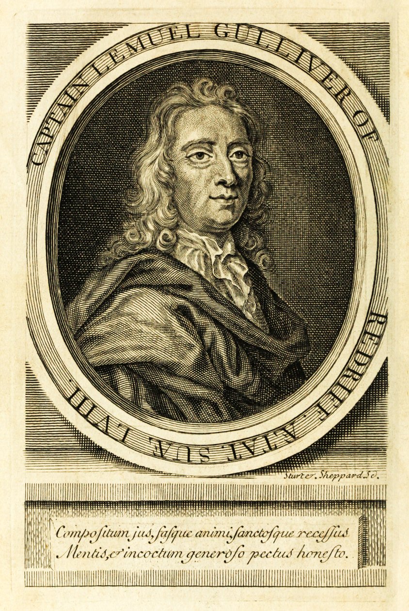 Etukappaleen muotokuva kapteeni Lemuel Gulliverista julkaisusta "Matkoja useisiin maailman syrjäisiin kansakuntiin", joka tunnetaan paremmin nimellä "Gulliverin matkat", Jonathan Swift tekijältä English School