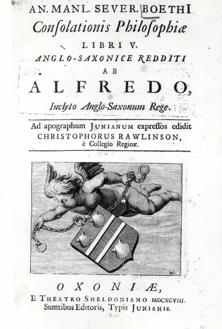 Frontispiece Christopher Rawlinsonille Alfred the Greatsin Boethius De Consolationis Philosophiaen painoksen käännös, 1698 (painettu) tekijältä English School