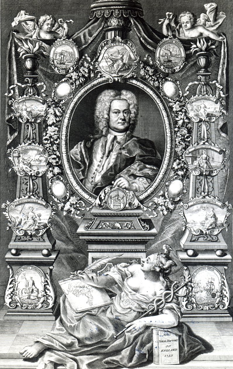 Thomas Lediardin Frontispiece to Naval History of England, julkaistu 1735 tekijältä English School