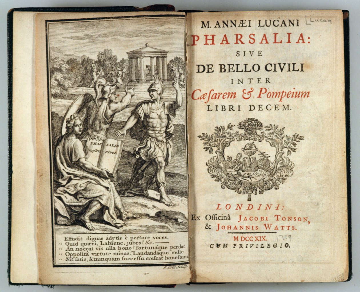 Marcus Annaeus Lucanin (AD 39-65) kaiverrus J. Cole, 1719 Pharsalia tai Caesarin ja Pompeuksen sisällissota tekijältä English School
