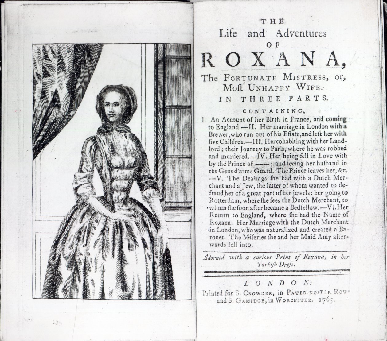 Frontispiece to Roxana, Daniel Defoen onnekas rakastajatar, painos julkaistu vuonna 1765 (painettu) tekijältä English School