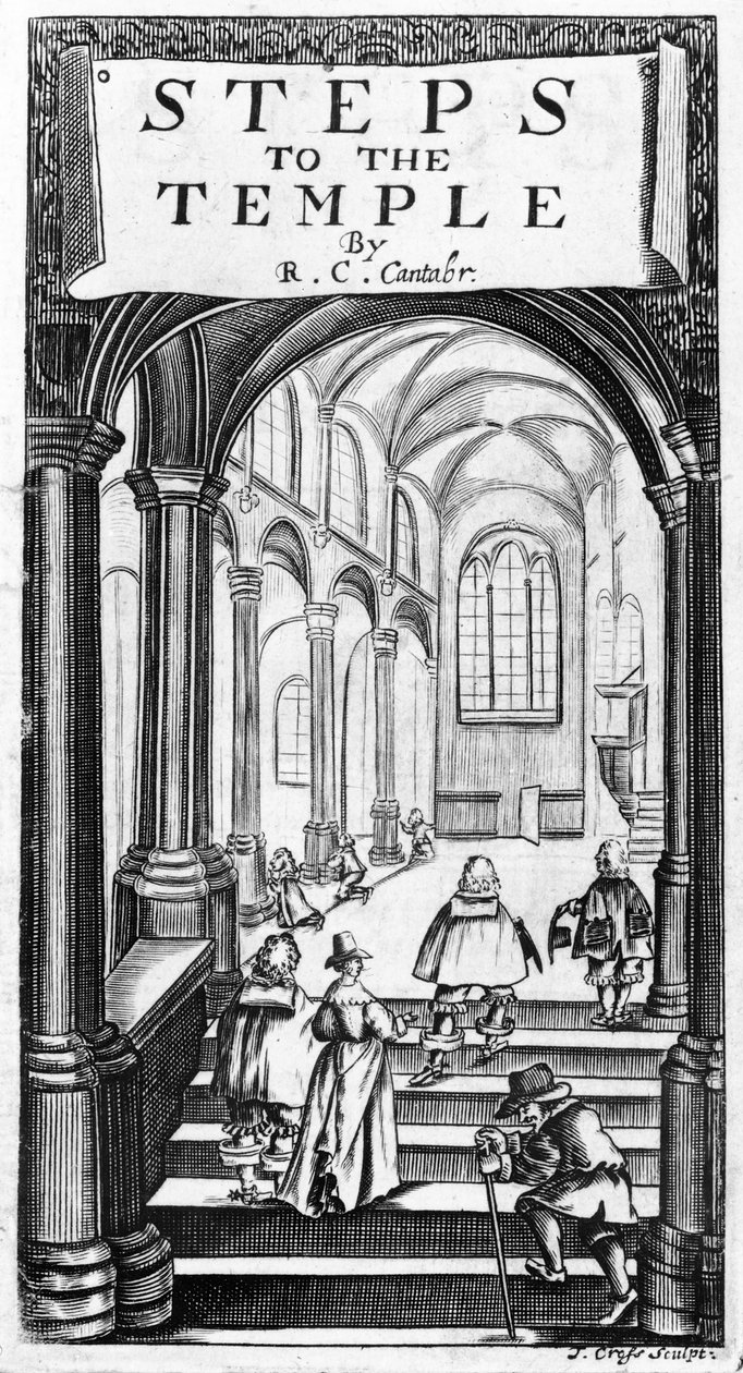 Richard Crashawin esikuva temppelin portaille, kaiverrus J. Cross, 1648 tekijältä English School