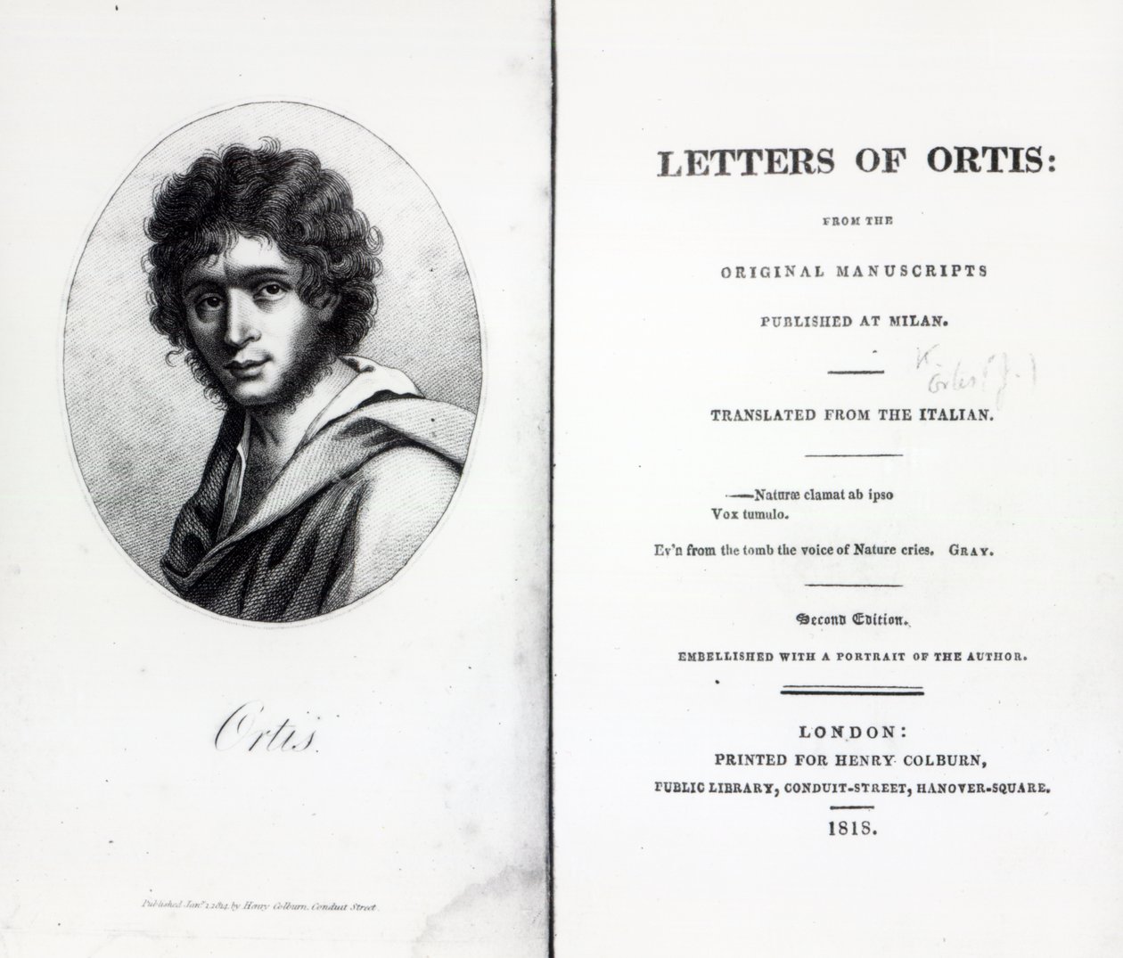 Niccolo Ugo Foscolon etukappale The Letters of Ortis, painos julkaistu vuonna 1818 tekijältä English School
