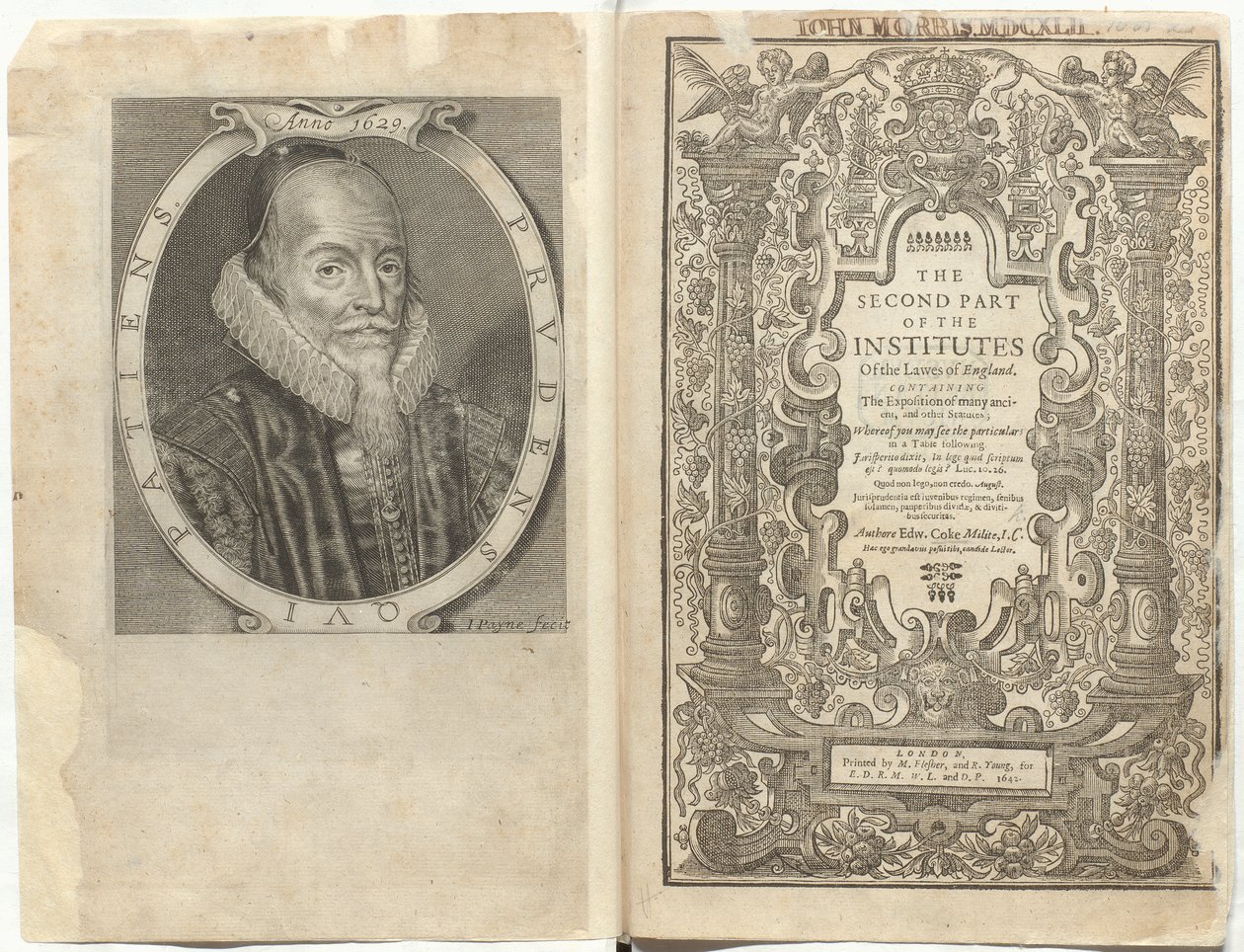 Frontispiece julkaisulle Englannin lakiinstituuttien toinen osa. Sisältää Sir Edward Coken esittelyn monista muinaisista ja muista säädöksistä jne tekijältä English School