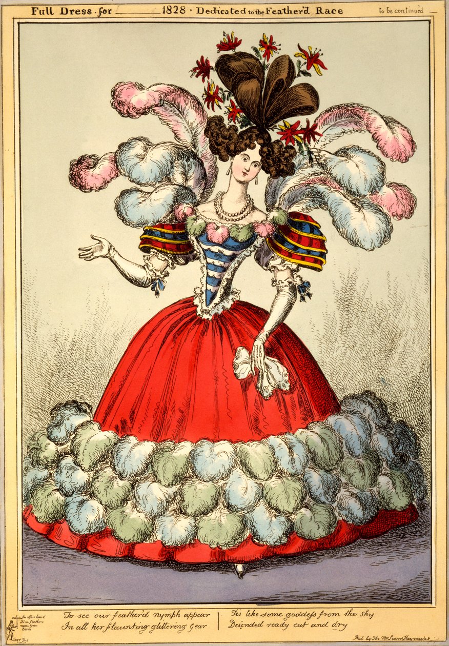 Täysmekko vuodelle _ 1828 - omistettu höyhenkisalle, 1828 (käsinvärinen kaiverrus) tekijältä English School