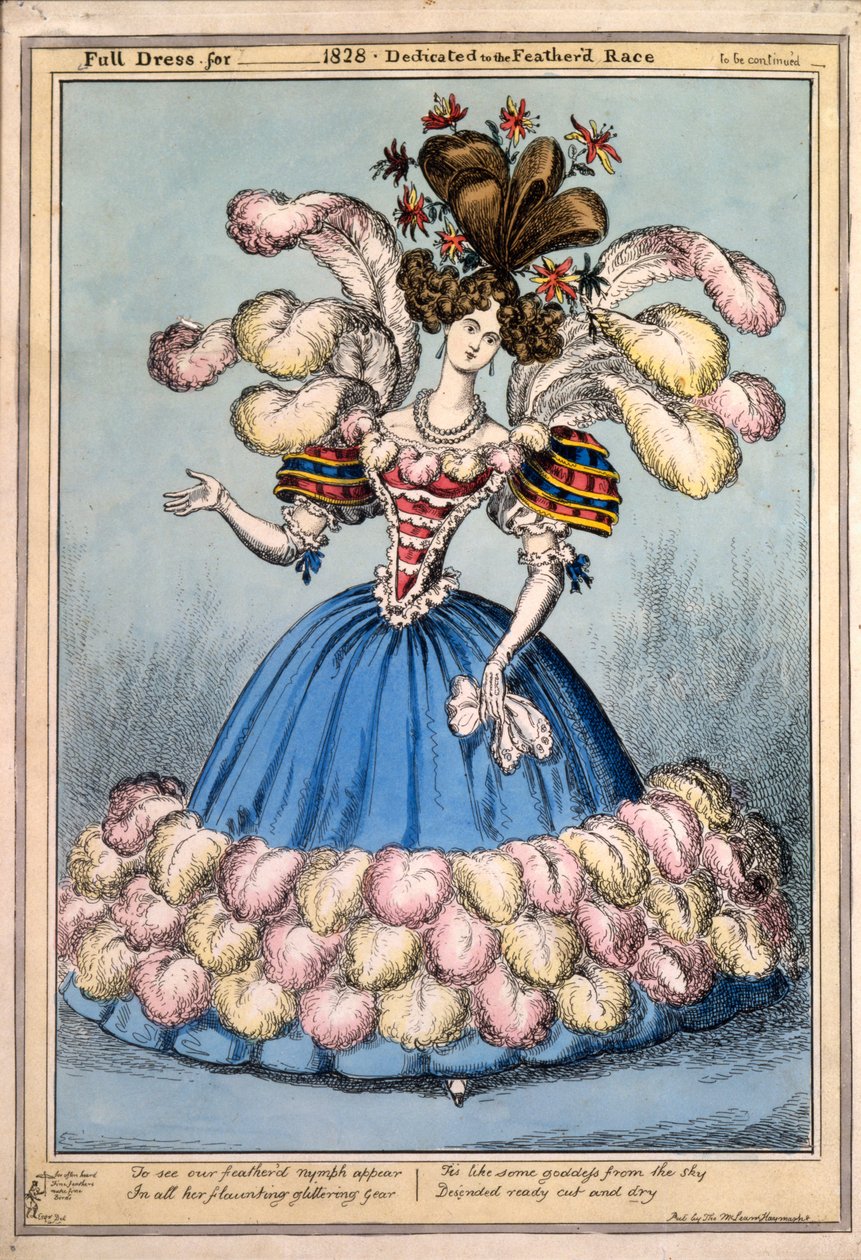 Täysmekko vuodelle _ 1828 - omistettu höyhenkisalle, 1828 (käsinvärinen kaiverrus) tekijältä English School