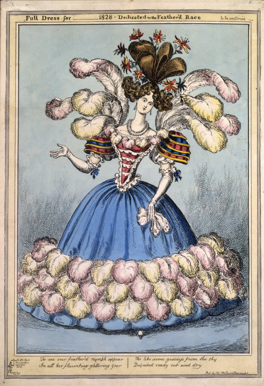 Koko mekko vuodelle 1828. Omistettu Feathered Racelle, pubi. Lontoo, 1828 (käsinvärinen kaiverrus) tekijältä English School