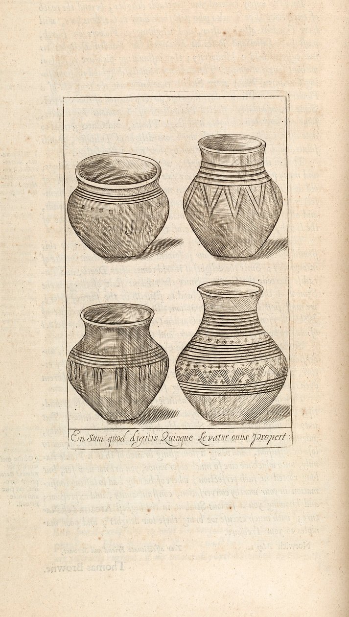 Hautausuurnat, kuvitus Thomas Brownin teoksista, Lontoo 1686 tekijältä English School