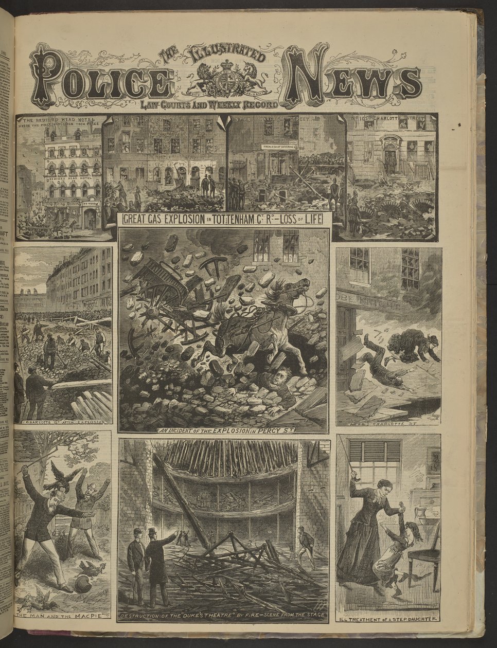 SUURI KAASURÄJÄHDYS TOTTENHAM CT:SSÄ. LOSS OF LIFE.", Illustrated Police News. tekijältä English School