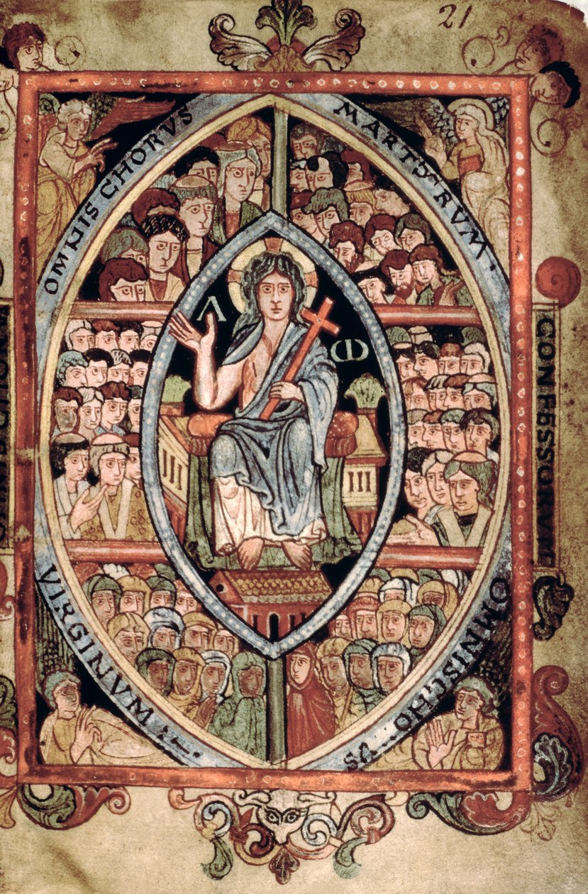 Galba A XVIII f.21r, Kristus Majesteetissa, Athelstan Psalter, Old Minster, Winchester, 925-50 (vellum) tekijältä English School