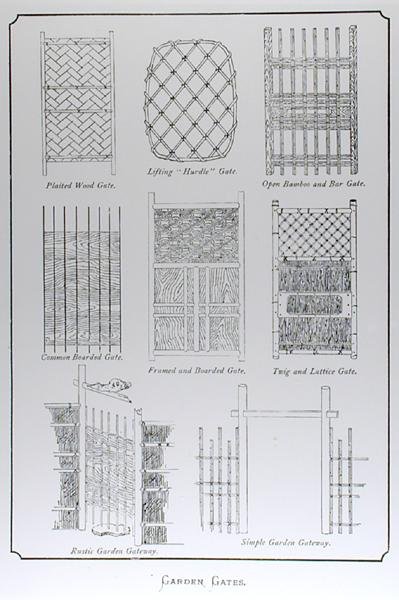 Garden Gates, kirjasta "Landscape Gardening in Japan", kirjoittanut Josiah Conder, julkaistu 1893 (kaiverrus) (m/v kuva) tekijältä English School