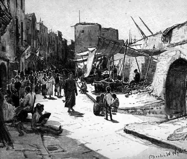 Garibaldi Street, Taranto, Italia, teoksesta The Picturesque Mediterranean, osa 3, kaiverrus Charles William Wyllie (1853-1923), julkaisija Cassell and Co. Ltd. tekijältä English School