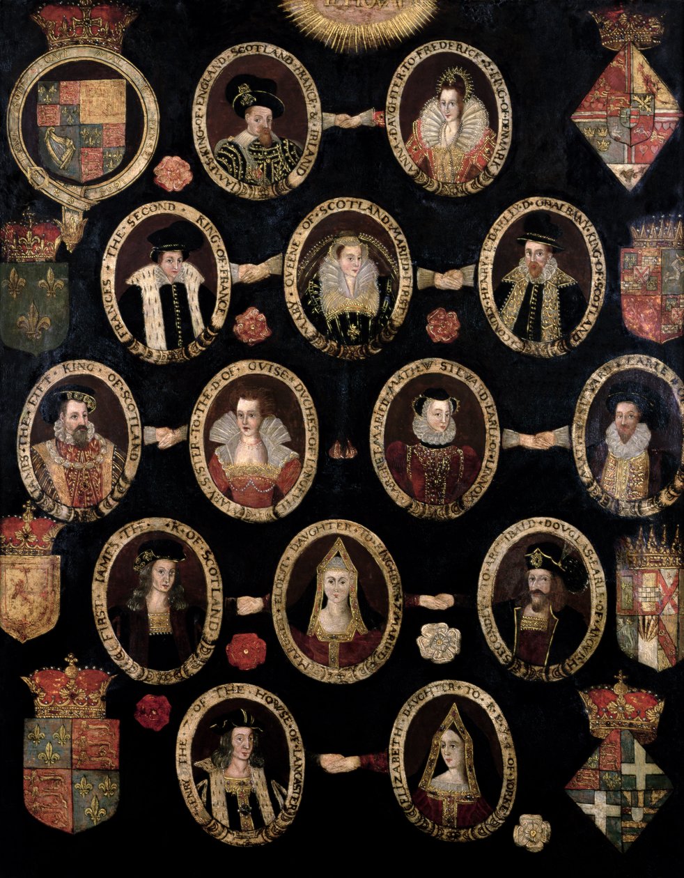 Sukutaulukko, joka jäljittää Skotlannin kuningattaren Mary Stuartin (1542-87) ja hänen poikansa James VI:n Skotlannin ja Englannin minä (1566-1625) Tudor-juuret n. 1603 tekijältä English School