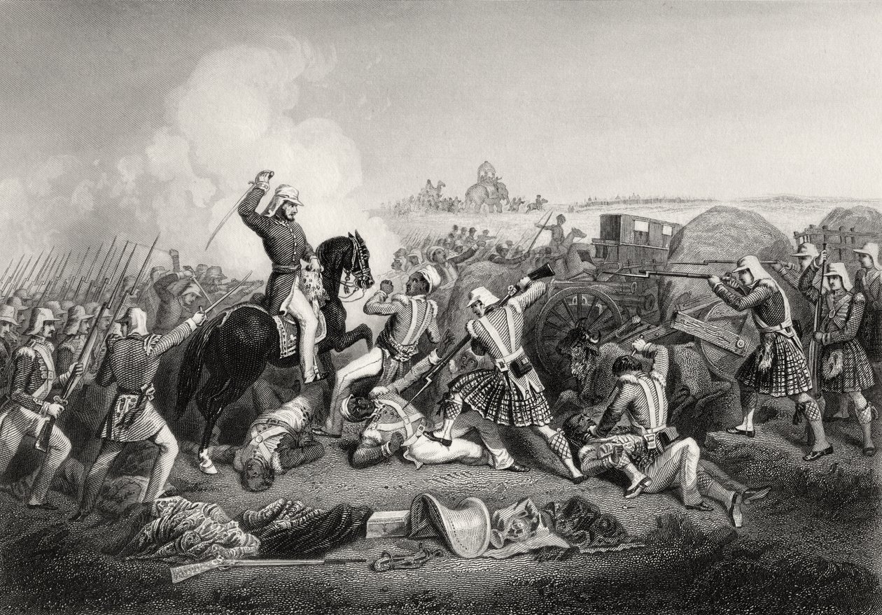 Kenraali Havelockin hyökkäys Nana Sahibin kimppuun Futtyporessa vuonna 1857, vuodelta 1858 peräisin oleva teos "The History of the Indian Mutiny". tekijältä English School