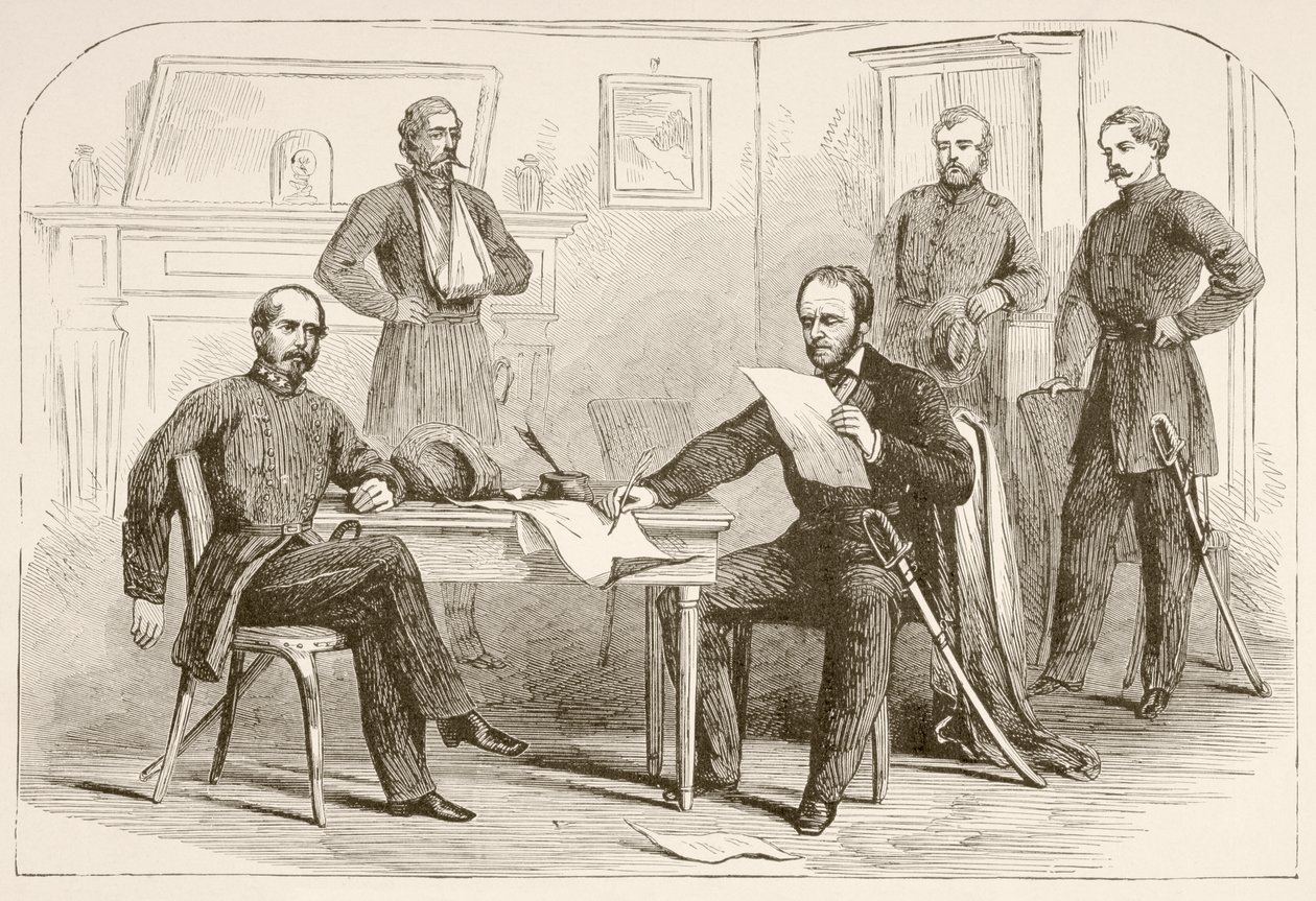 Kenraali Joseph Eggleston Johnston luovuttaa armeijan Tennesseen kenraali William Tecumseh Shermanille (litho) tekijältä English School