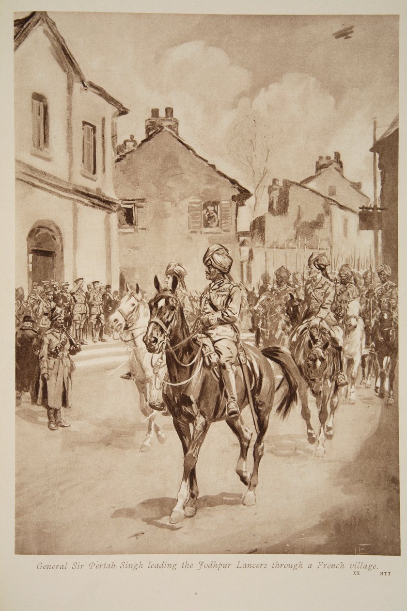 Kenraali Sir Pertab Singh johti Jodhpur Lancersia ranskalaisen kylän läpi 1914-1919 tekijältä English School
