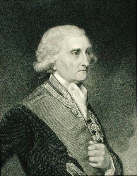 George Brydges Rodney (1718-92) 1. Baron Rodney Stoke-Rodneysta, "Gallery of Portraits" -julkaisusta, julkaistu vuonna 1833 (kaiverrus) tekijältä English School