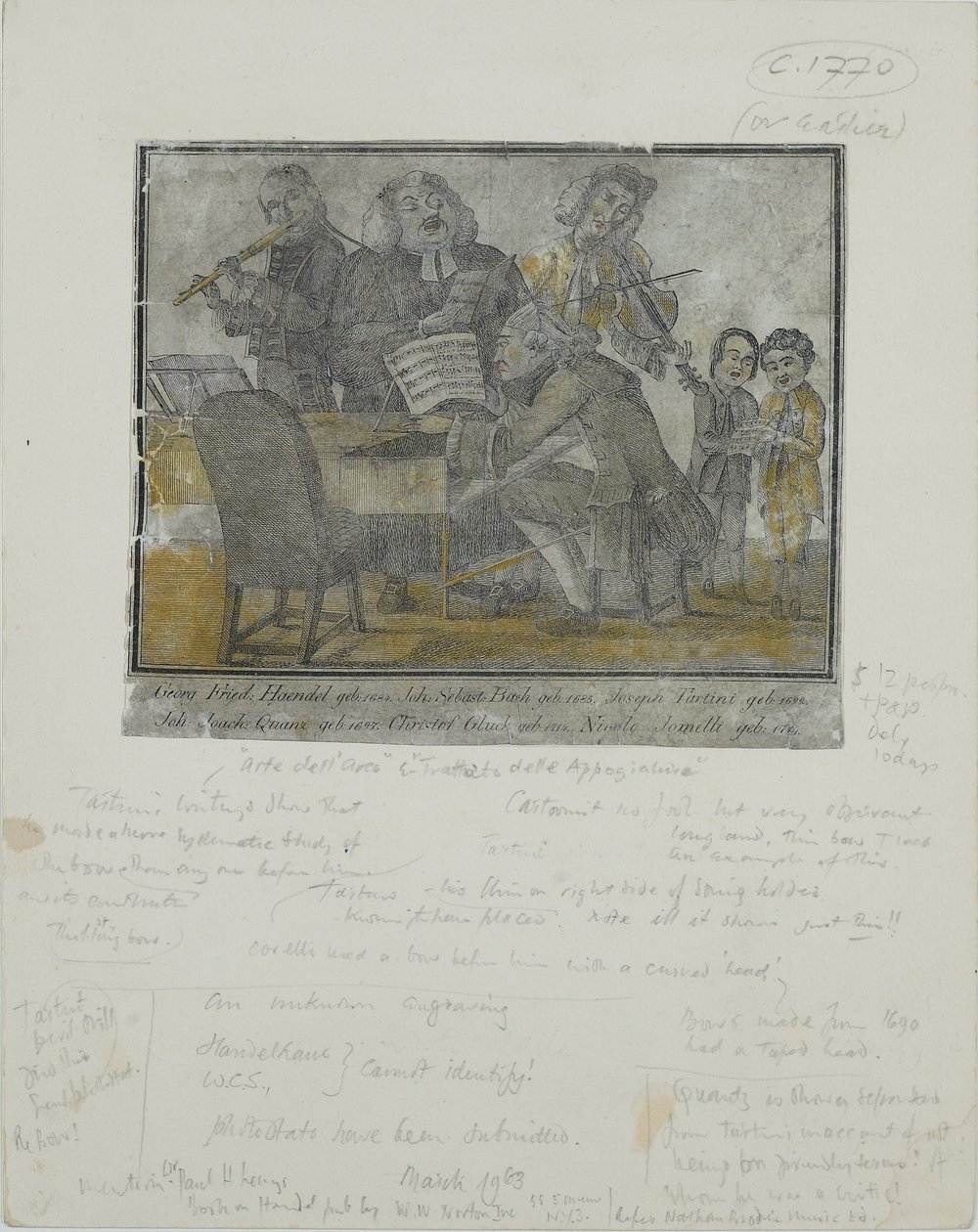 George Frideric Händel, Johann Sebastian Bach, Giuseppe Tartini, Johann Joachim Quantz, Christoph Gluck, Nicolo Jomelli, n. 1750 (käsinvärinen kaiverrus) tekijältä English School
