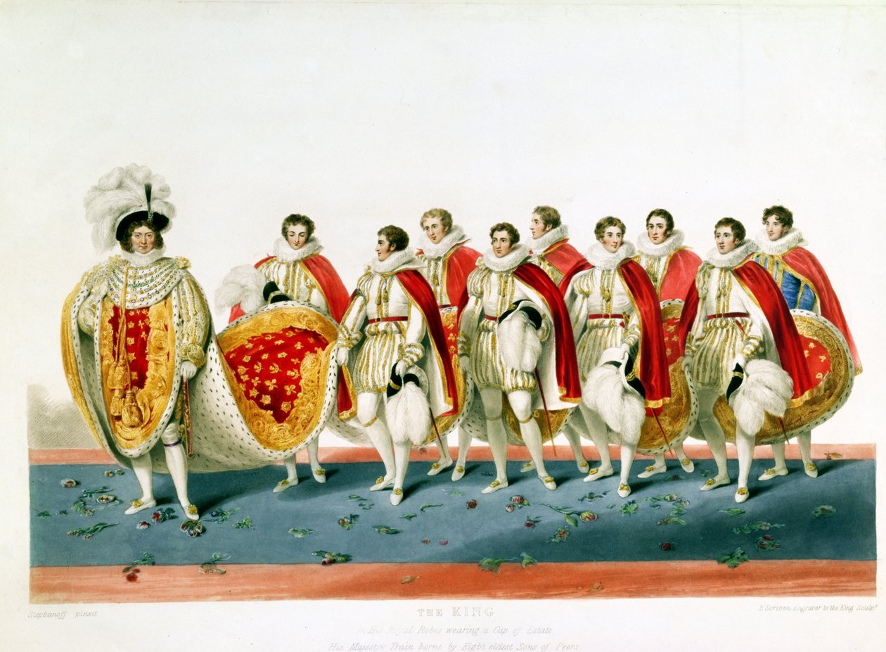 George IV kruunaamisvaatteissa, jolla on E. Scrivenorin kaiverrus, Sir George Naylorin levyltä tekijältä English School