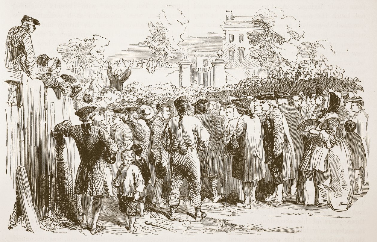 George Whitefield Preaching, kuvitus Cassells Illustrated History of Englandista (seepiakuva) tekijältä English School