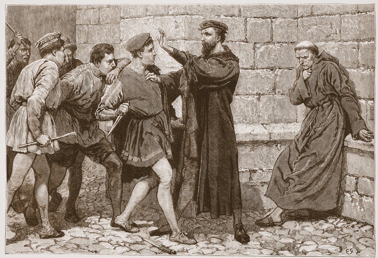 George Wishart suojelee salamurhaajaansa, kuvitus James Aitken Wylien (1808-1890) teoksesta "Protestantismin historia", pub. 1878 (kaiverrus) tekijältä English School