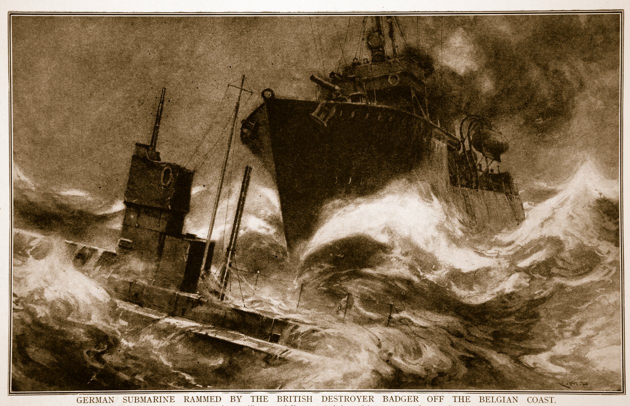 Brittiläisen Destroyer Badgerin jyrsimä saksalainen sukellusvene Belgian rannikolla, 1914-19 tekijältä English School