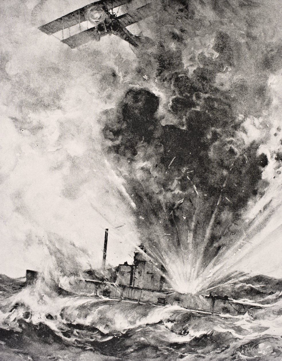Saksalainen sukellusvene pommitettiin ja upposi 26. elokuuta 1915 Lontoossa 1916 julkaistusta The War Illustrated Album deLuxe -julkaisusta (litho) tekijältä English School