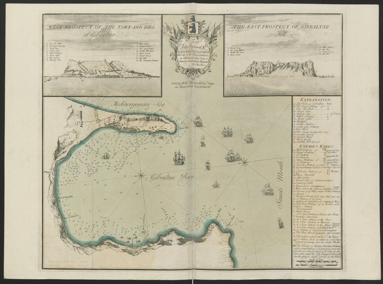 Gibraltar Bay (G. Hillin länsi- ja itäprospekti.) Tekijä: C. Price, n. 1730 (väri litho) tekijältä English School